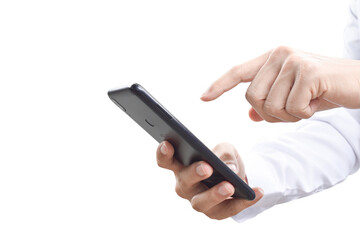 Close-up image of businessman hand holding mobile phone isolated on transparent background - PNG format.