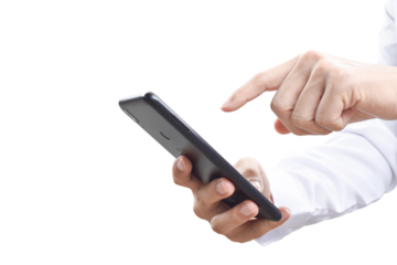 Close-up image of businessman hand holding mobile phone isolated on transparent background - PNG format.