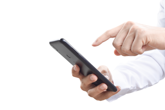 Close-up image of businessman hand holding mobile phone isolated on transparent background - PNG format.