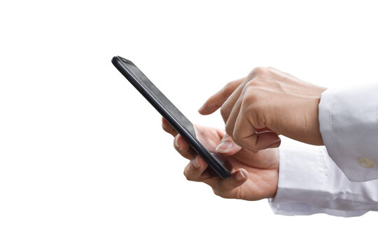Close-up image of businessman hand holding mobile phone isolated on transparent background - PNG format.