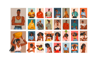Hand drawn vector abstract graphic illustrations collection set with young happy black afro american beauty women and men group lifestyle avatar,summer boho style.People face avatar concept design.
