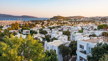 Fototapeta na wymiar Bodrum city background. Aegean sea, traditional white houses, flowers, marina, sailing boats, yachts in Bodrum town Turkey. Aerial View