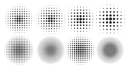 halftone circle shapes background design vector set of eight