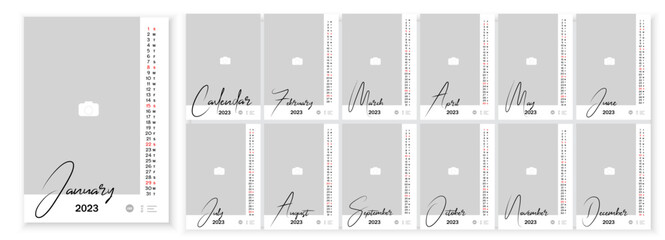Wall Monthly Photo Calendar 2023. Simple monthly vertical photo calendar Layout for 2023 year in English. Cover Calendar, 12 months templates. Week starts from Sunday Monday. Vector illustration