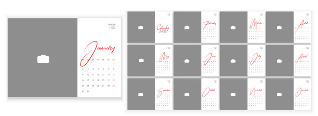 Desktop Monthly Photo Calendar 2023. Simple monthly horizontal photo calendar Layout for 2023 year in English. Cover Calendar, 12 months templates. Week starts from Monday. Vector illustration