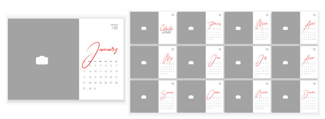 Desktop Monthly Photo Calendar 2023. Simple monthly horizontal photo calendar Layout for 2023 year in English. Cover Calendar, 12 months templates. Week starts from Sunday. Vector illustration