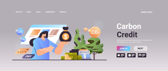 carbon credit concept businesswoman holding money sack responsibility of co2 emission environment strategy
