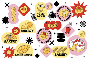 Vector set in retro style fbakery shop stickers. Colorful patch badges for bakery cafe.