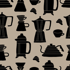 Vector seamless pattern with coffee icons. Signs of different methods of brewing coffee.