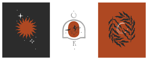 Hand drawn abstract vector graphic clipart illustrations logo set compositions.Wild Western design concept.Bohemian wild west contemporary art.Cowboy modern line art drawing.American cowgirl logo.