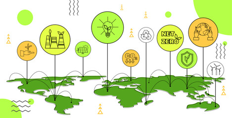 carbon credit concept zet zero icons on world map responsibility of co2 emission environmental conservation - obrazy, fototapety, plakaty