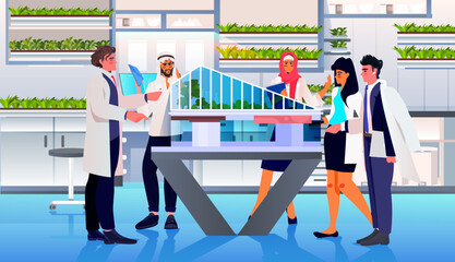 scientists team examining green plants in lab responsibility of co2 emission environmental conservation sustainable ESG development