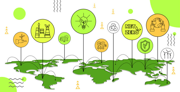 carbon credit concept zet zero icons on world map responsibility of co2 emission environmental conservation