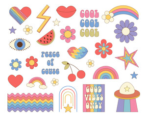 Groovy vibes set of objects it retro style.