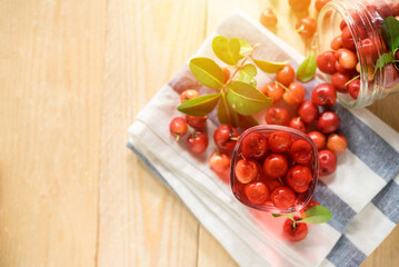 Cherries drink with fresh cherry, Cherry juice, on wood background, Top view