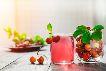Cherries drink with fresh cherry, Cherry juice, on wood background