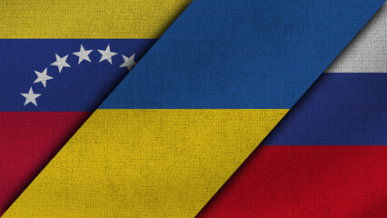 Venezuela and Ukraine and Russia Realistic Texture Flags Together - 3D Illustration