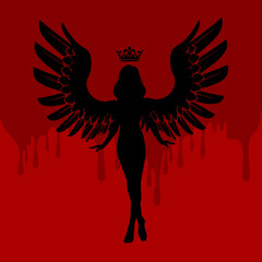 Gothic vector illustration of an angel woman with wings and crown over her head on the red backdrop of blood. Silhouette of a scary devil lady with big wings. - obrazy, fototapety, plakaty