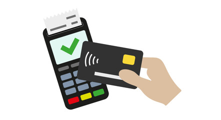 Contactless payment, hand holding bank card close to the point of sale terminal. Flat vector illustration isolated on white background.