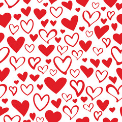 Romantic seamless pattern made up of different red hearts for package, wrapping paper, cloth, cards, wallpaper, background or envelopes. Endless pattern of a lot of various hearts for Valentines day.