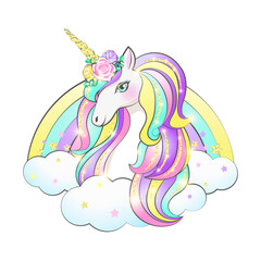 Unicorn with long multi-colored curls and a horn in sequins and flowers and a rainbow on an isolated background