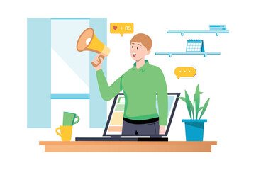 Social media concept with people scene in flat cartoon style. Man uses mass media to interact with society and share his ideas and activities. Vector illustration.