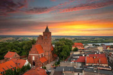 Aerial view of the old town with the Teutonic castle and the church in Nowe by the Vistula river....
