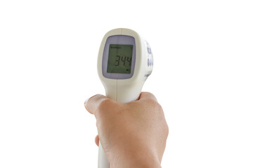 Hand holding digital infrared thermometer (thermometer gun) Isolated on transparent background - PNG format.