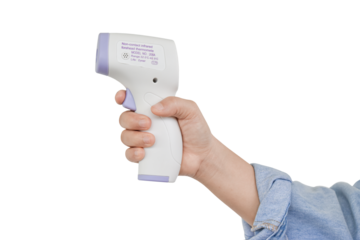 Hand holding digital infrared thermometer (thermometer gun) Isolated on transparent background - PNG format.