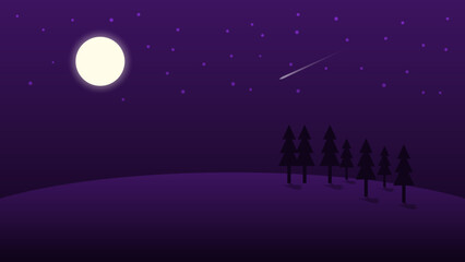night landscape scene  with full moon and shiny stars in dark sky background
