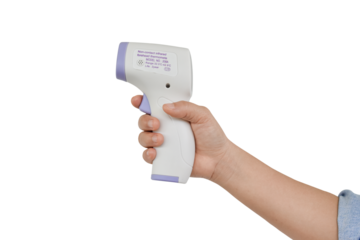 Hand holding digital infrared thermometer (thermometer gun) Isolated on transparent background - PNG format.