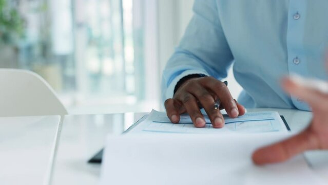 Man hands signing, writing and reading of paperwork or business contract at office closeup. African American businessman or entrepreneur in agreement for future collaboration, partnership or job.