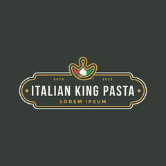 Pasta emblem logo icon template with crown smile fork noodle symbol on dark background.