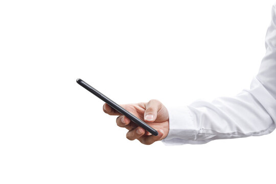 Close-up image of businessman hand holding mobile phone isolated on transparent background - PNG format.