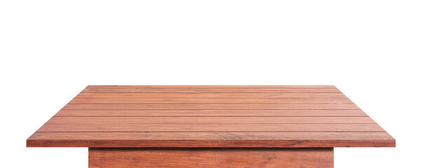 Empty wooden table top isolated on transparent background - PNG format.