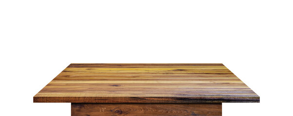 Empty wooden table top isolated on transparent background - PNG format.