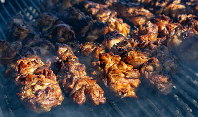Fresh and juicy chicken skewers are fried on a wood-fired grill. Roasted meat cooked at barbecue. Eastern dish, shish kebab.
