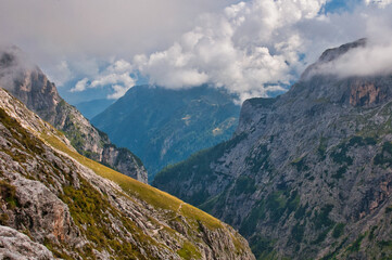 Crossing the Pale di San Martino in the clouds, Alta Via 2, Dolomites, Italy