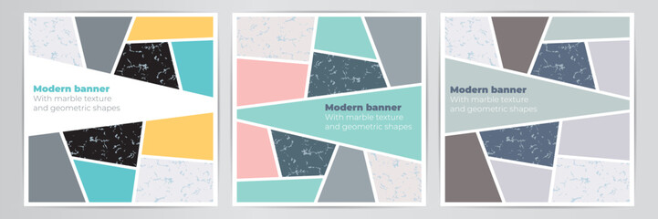 Modern vector cover A4 set with marble texture and geometric shapes..