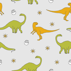 Seamless pattern with funny dinosaurs in cartoon. Baby background