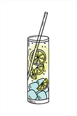 Lemonade glass with ice and a slice of lemon and a straw, lemonade sketch in a glass, hand drawing of a lemonade glass, isolated vector illustrations. Doodle vector illustration.