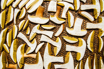 Process of drying of natural collected Boletus Edulis mushrooms closeup