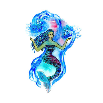 Watercolor Illustration of Pisces astrological sign as a mermaid girl. Zodiac illustration isolated on white. Watercolor illustrations of a blue and purple mermaid with water splashes.