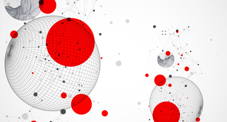 Sphere  theme with connected lines in technology style background. Wireframe illustration. Abstract 3d grid design.