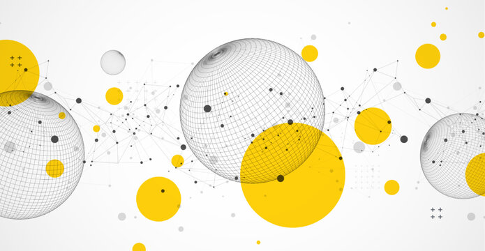 Sphere  theme with connected lines in technology style background. Wireframe illustration. Abstract 3d grid design.