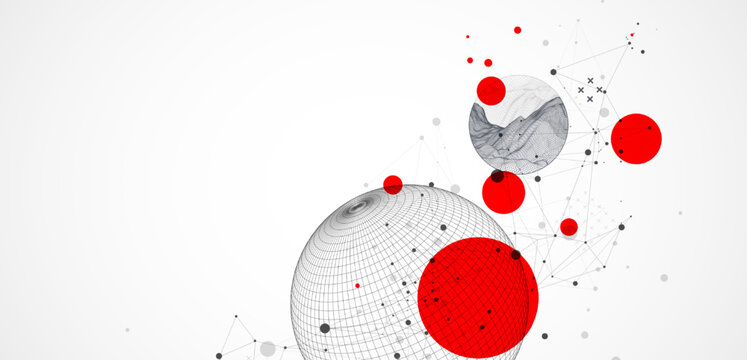 Sphere  theme with connected lines in technology style background. Wireframe illustration. Abstract 3d grid design.