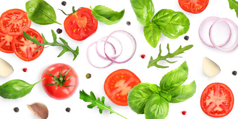 Fresh ripe tomatoes with garlic, onion, basil, arugula and peppercorns on white background, top...