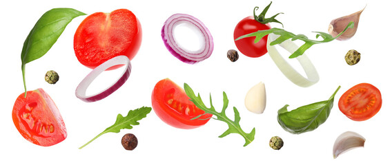 Fresh ripe tomatoes with garlic, onion, basil, arugula and peppercorns on white background. Banner design