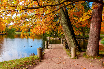Bridge in autumn in Catherine park, Pushkin (Tsarskoe Selo), Saint Petersburg, Russia
