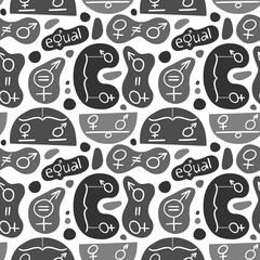masculine feminine sex gender symbol set equal rights hand drawn white pictograms on monochrome organic shapes vector seamless pattern